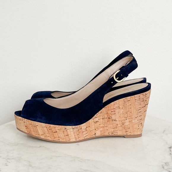 NEW STUART WEITZMAN Jean Suede Slingback Wedge Sandals Navy Blue Size 11.5 - Picture 6 of 10